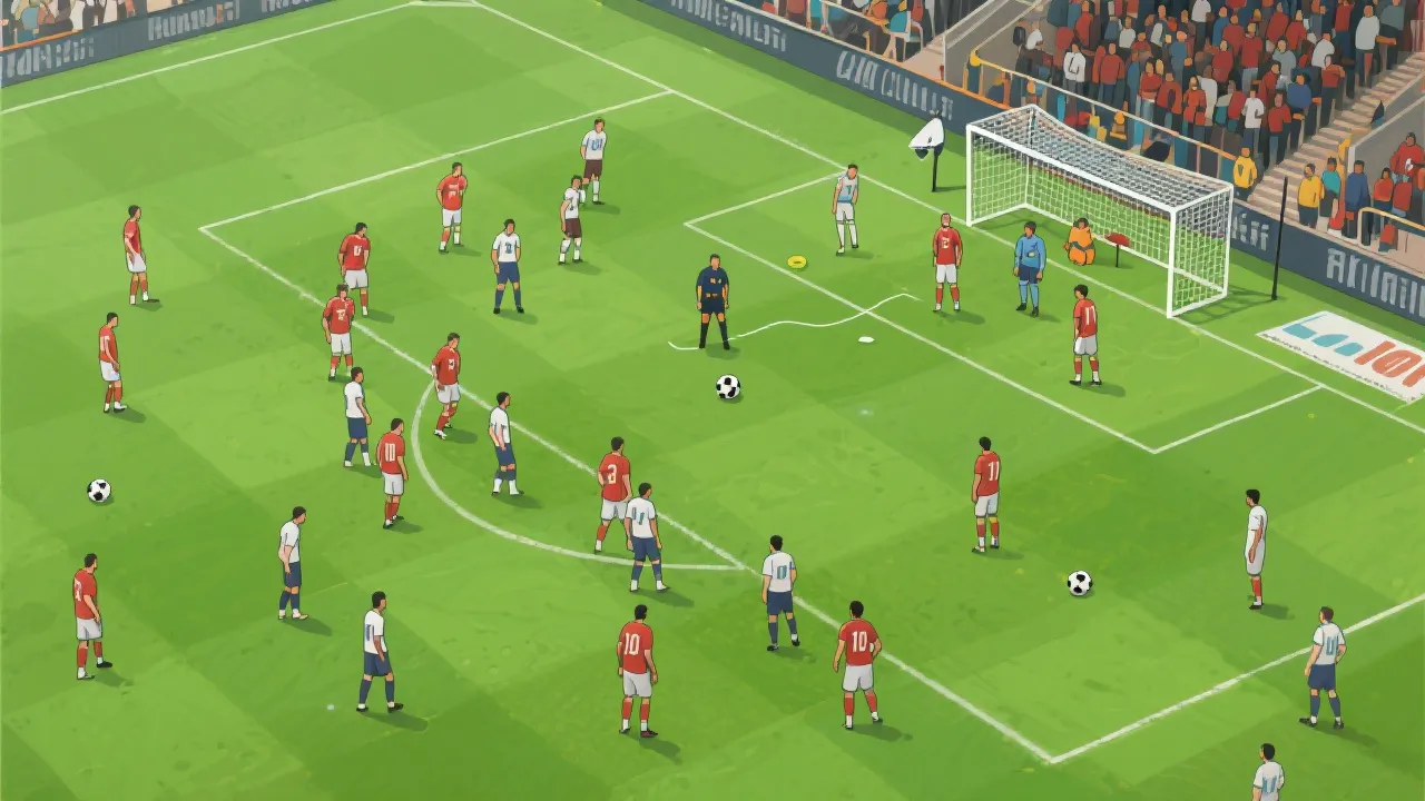 角球防守站位示意：区域与盯人混合，门将指挥队友