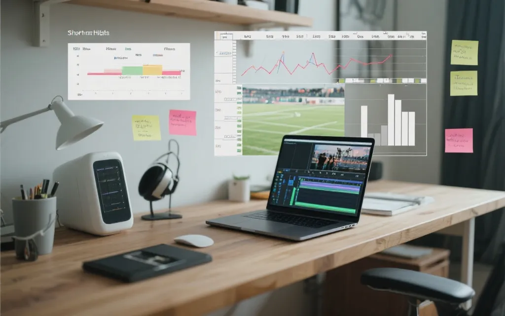 短视频创作者在剪辑世界杯高光瞬间并制作数据可视化卡片的工作台